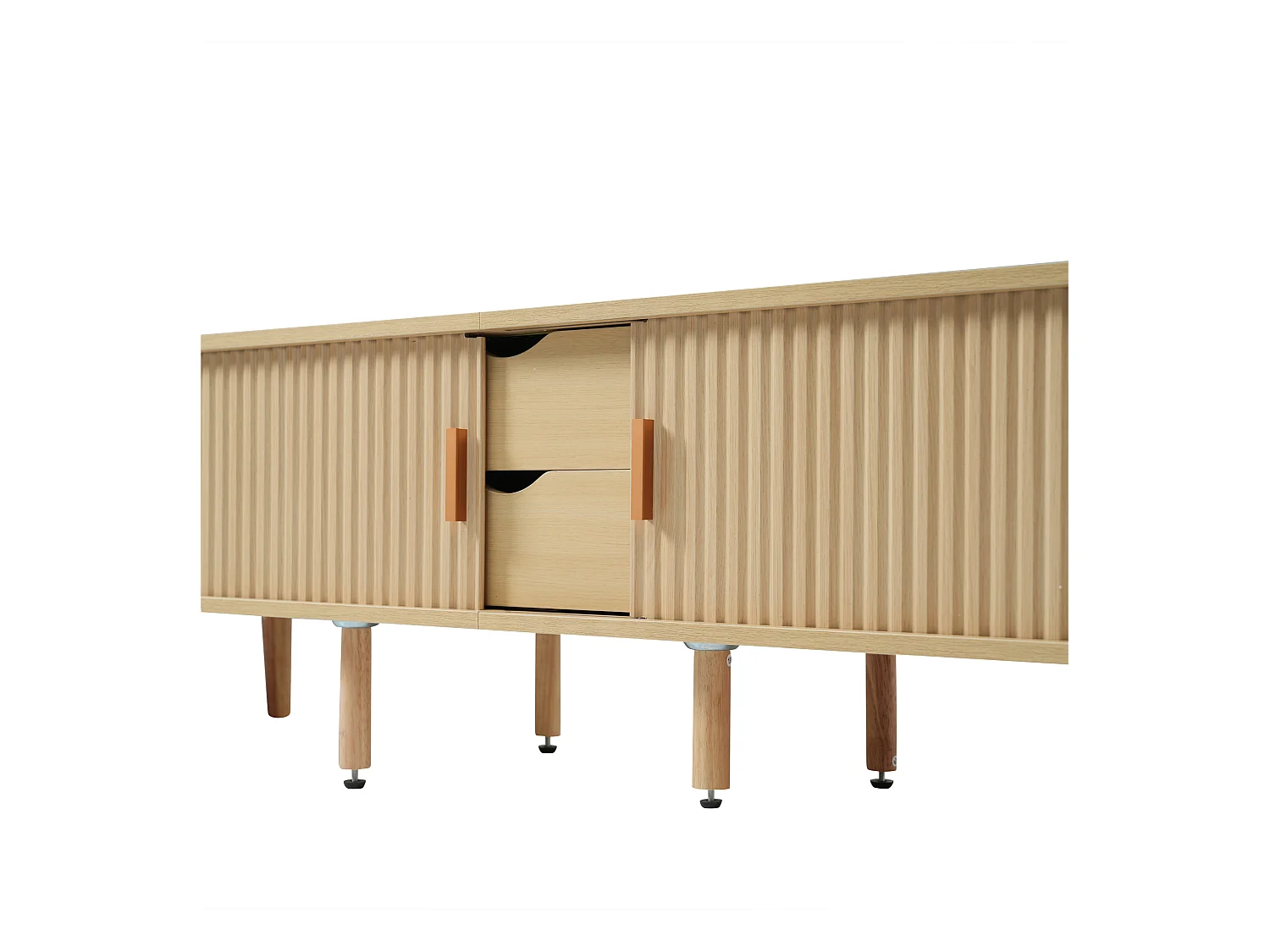 Meuble TV avec 2 portes coulissantes et 2 tiroirs, en placage noyer clair