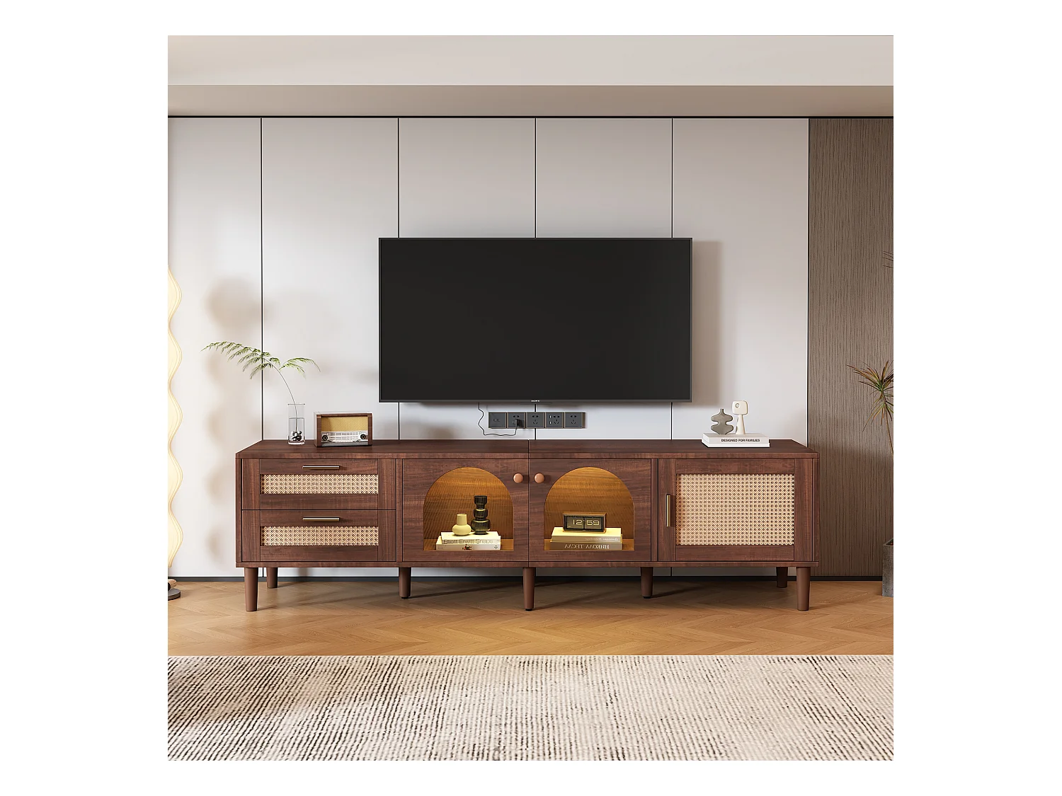 Meuble TV avec 3 portes, 2 tiroirs en rotin et LED, en placage bois marron