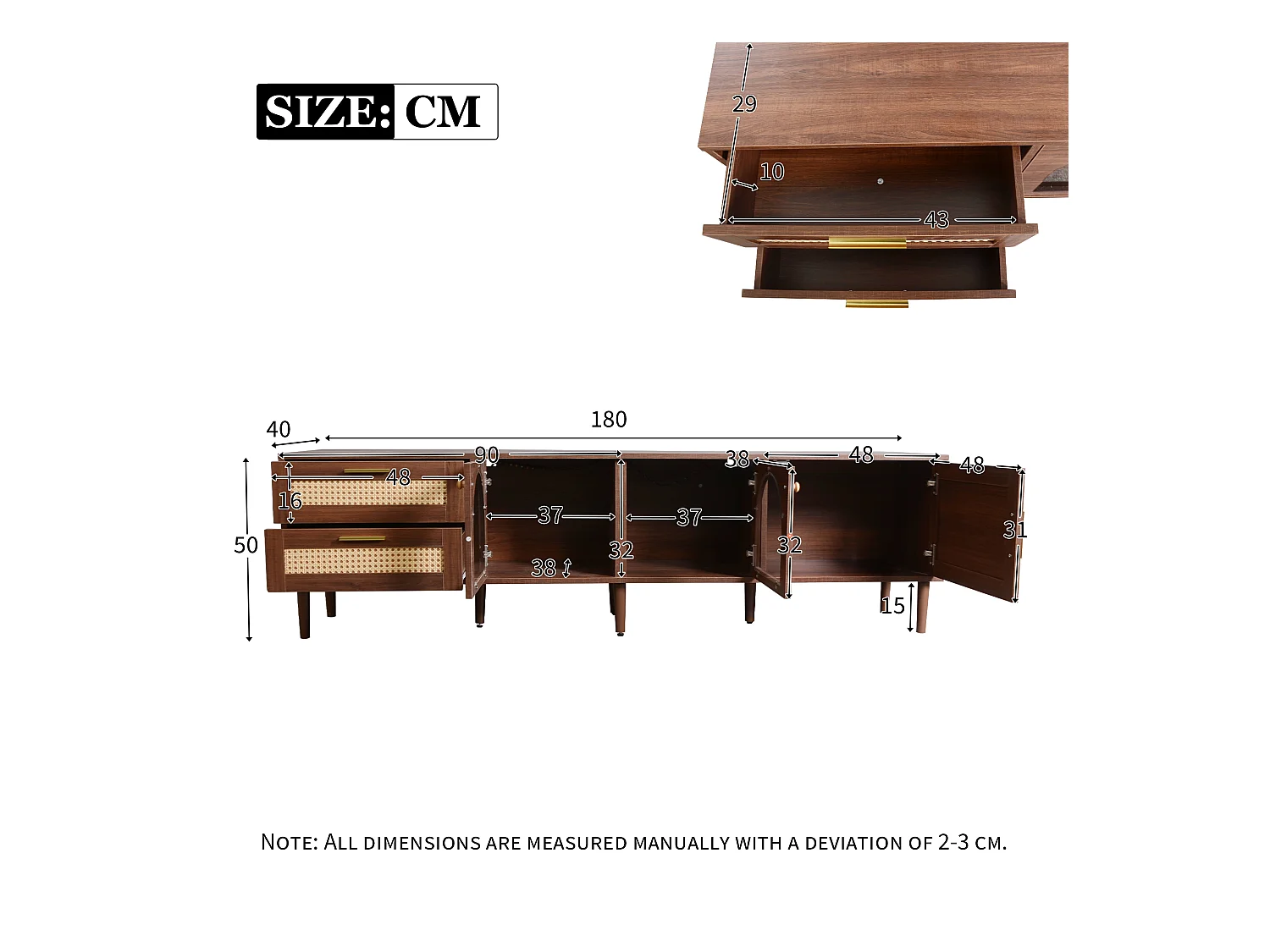 Meuble TV avec 3 portes, 2 tiroirs en rotin et LED, en placage bois marron