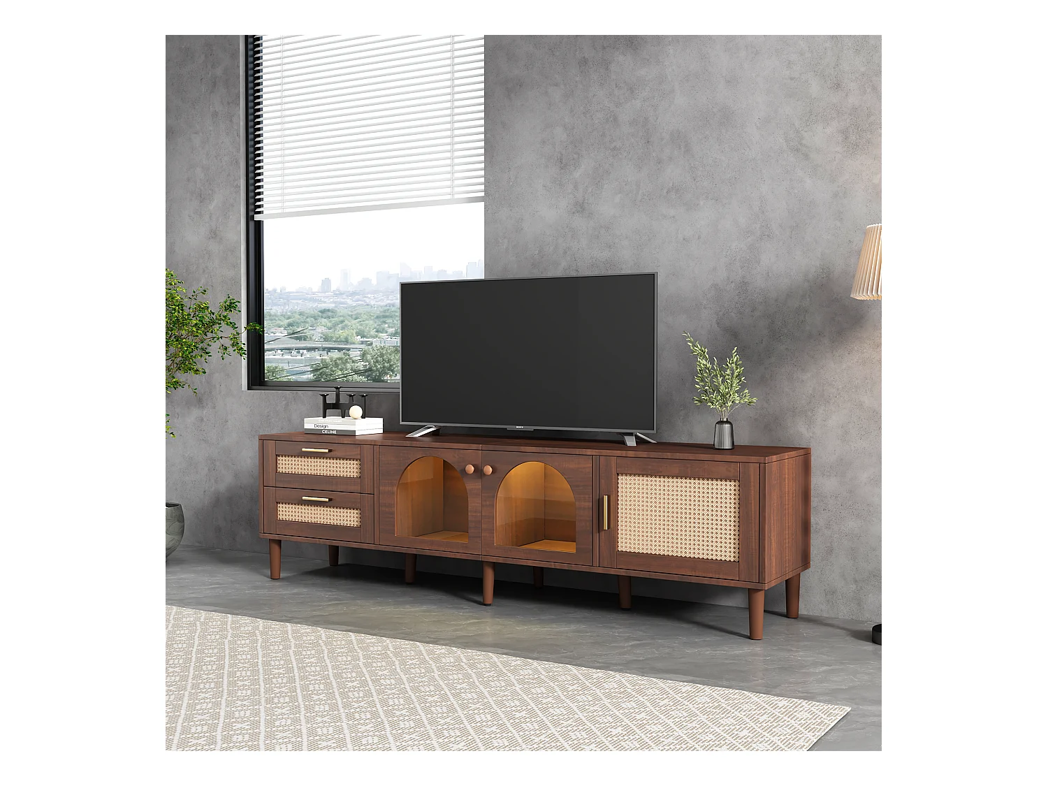 Meuble TV avec 3 portes, 2 tiroirs en rotin et LED, en placage bois marron
