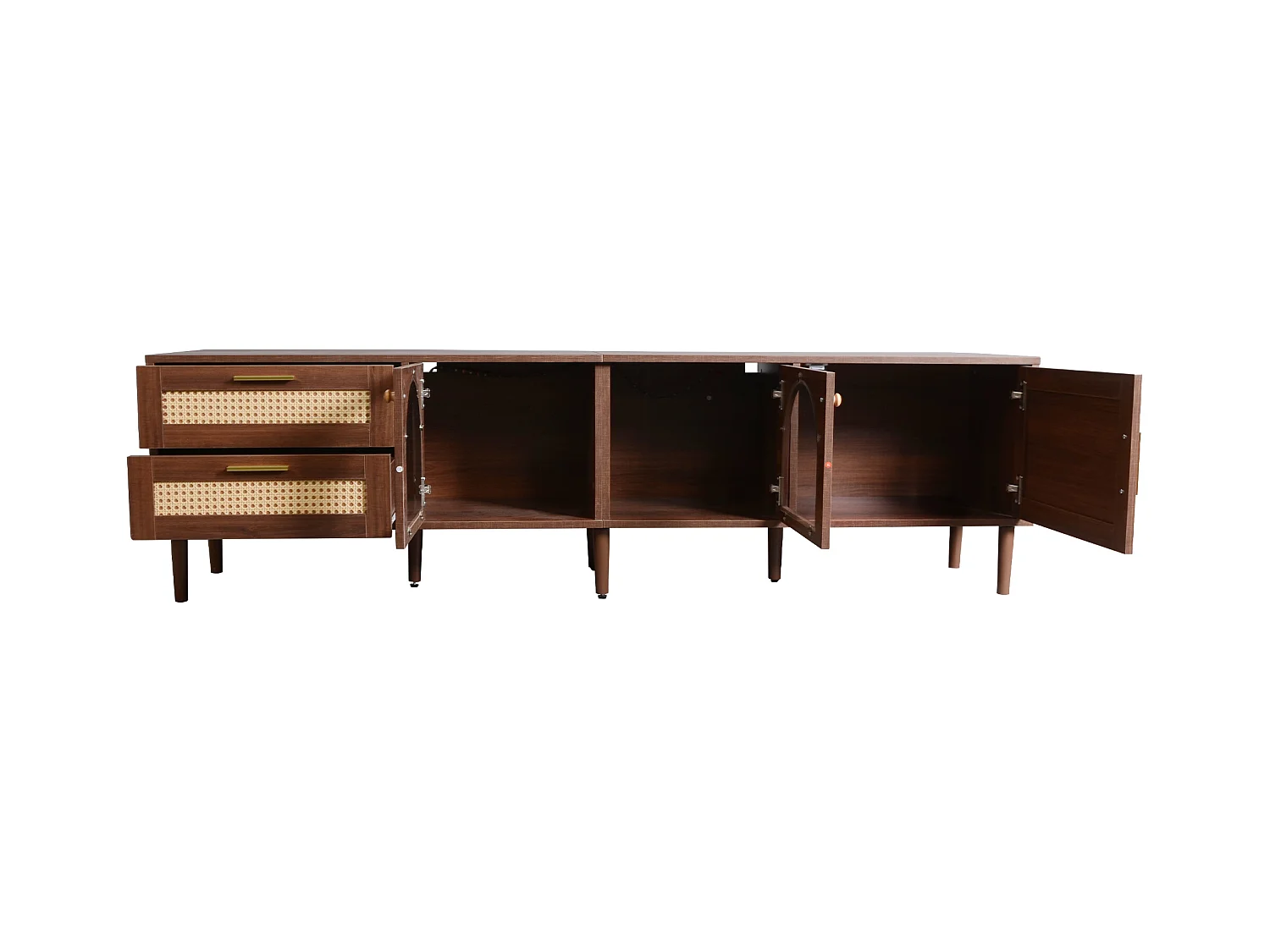 Meuble TV avec 3 portes, 2 tiroirs en rotin et LED, en placage bois marron
