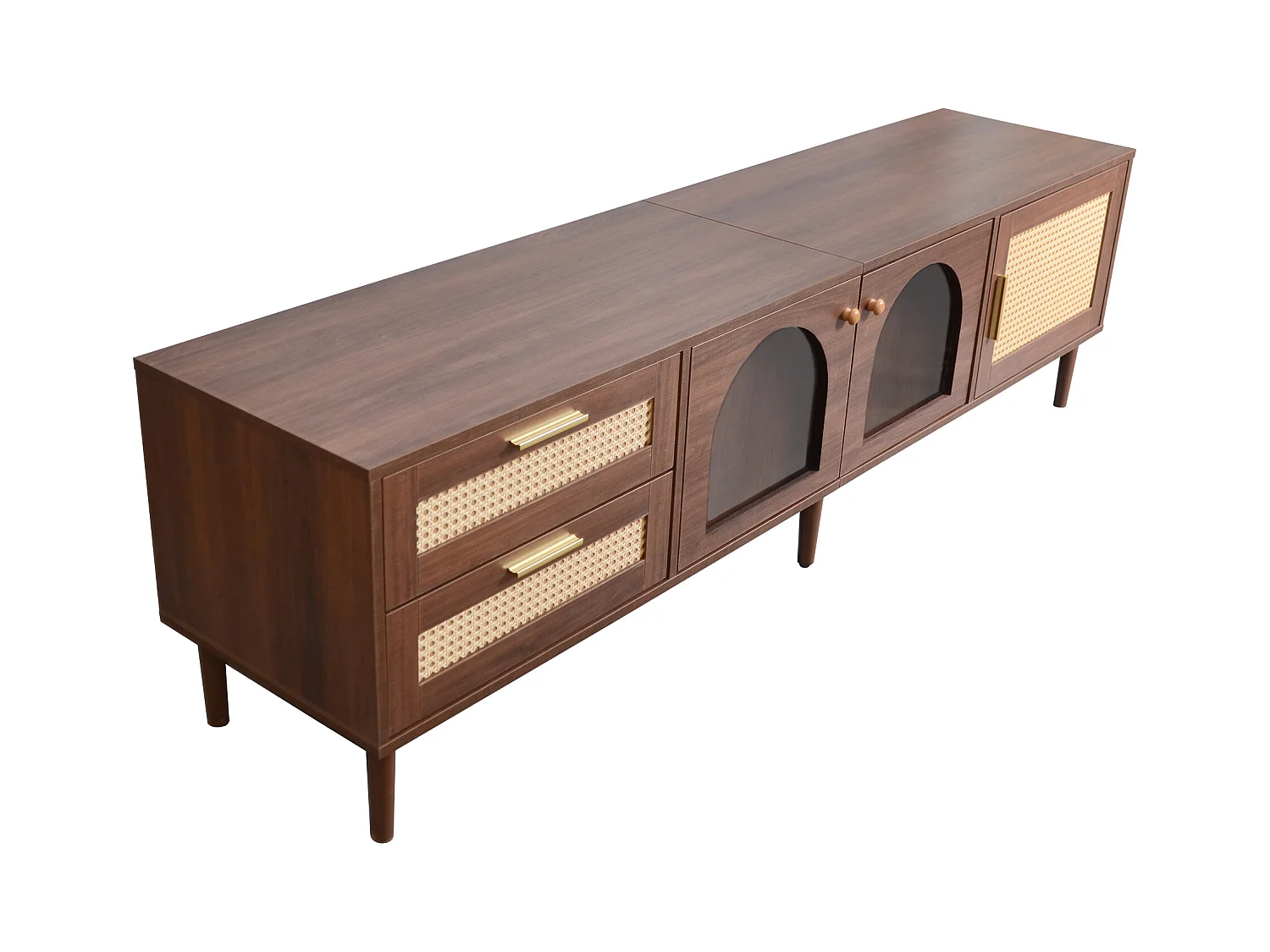 Meuble TV avec 3 portes, 2 tiroirs en rotin et LED, en placage bois marron