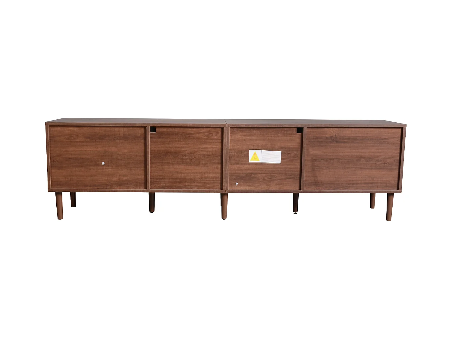 Meuble TV avec 3 portes, 2 tiroirs en rotin et LED, en placage bois marron