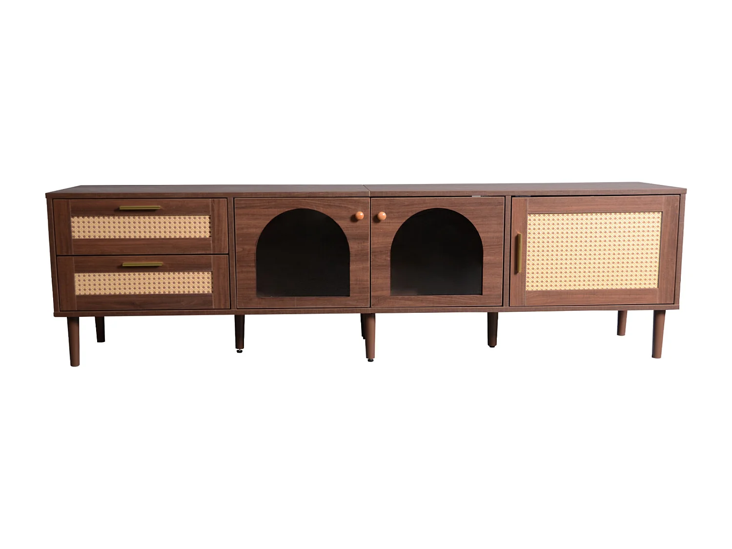 Meuble TV avec 3 portes, 2 tiroirs en rotin et LED, en placage bois marron