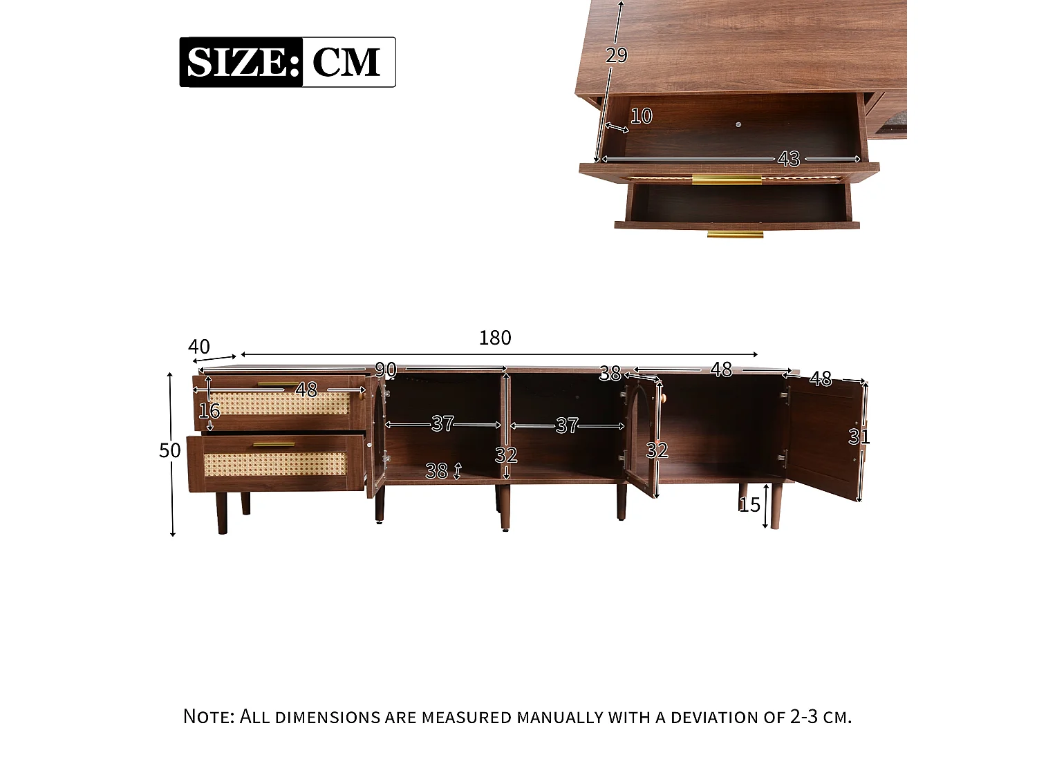 Meuble TV avec 3 portes, 2 tiroirs en rotin et LED, en placage bois marron