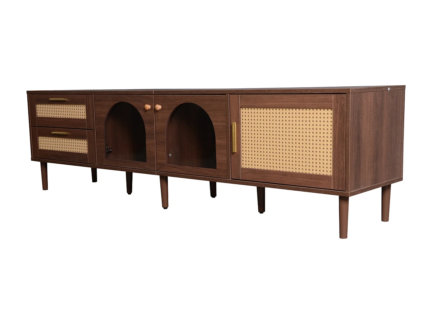 Meuble TV avec 3 portes, 2 tiroirs en rotin et LED, en placage bois marron
