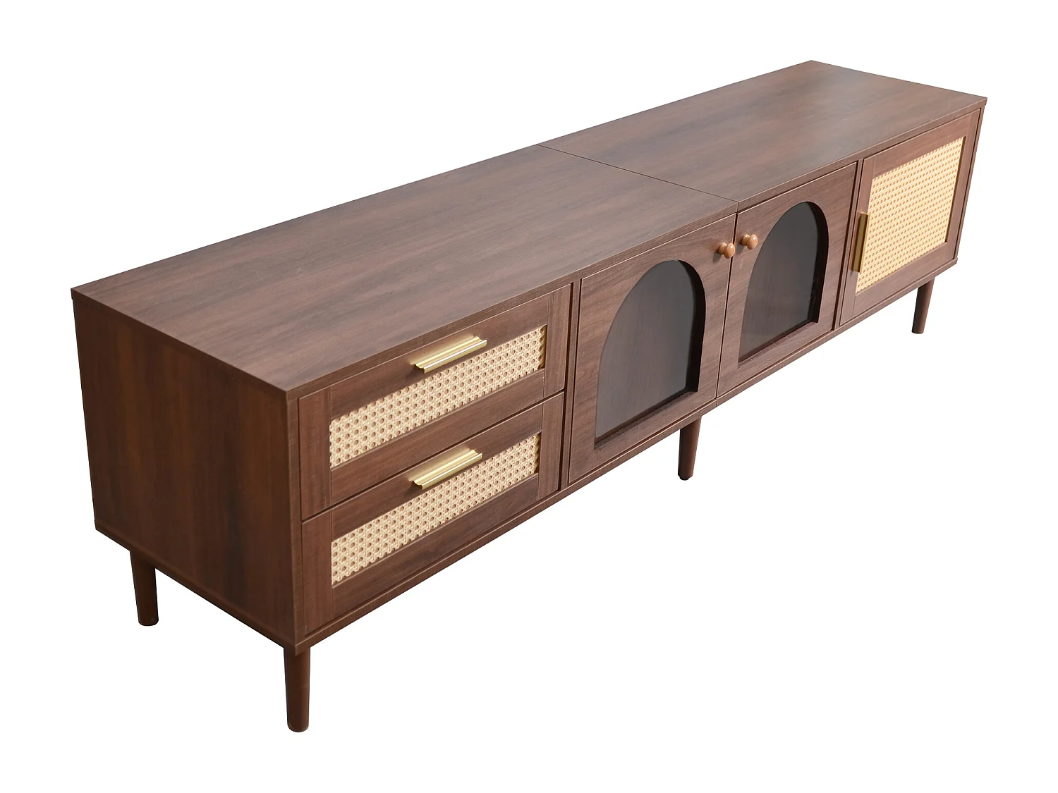 Meuble TV avec 3 portes, 2 tiroirs en rotin et LED, en placage bois marron