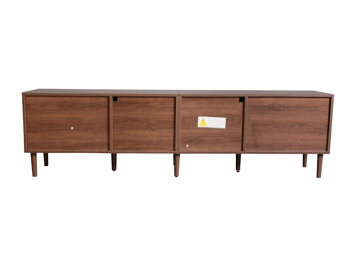 Meuble TV avec 3 portes, 2 tiroirs en rotin et LED, en placage bois marron
