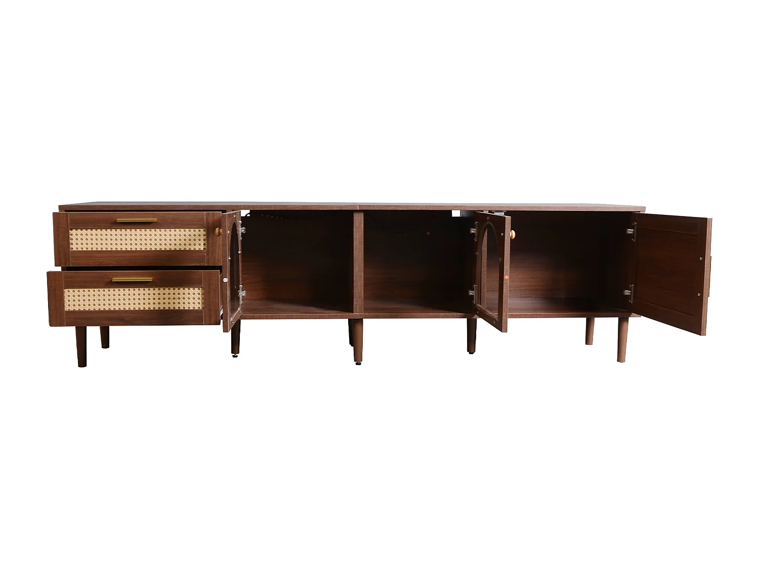 Meuble TV avec 3 portes, 2 tiroirs en rotin et LED, en placage bois marron