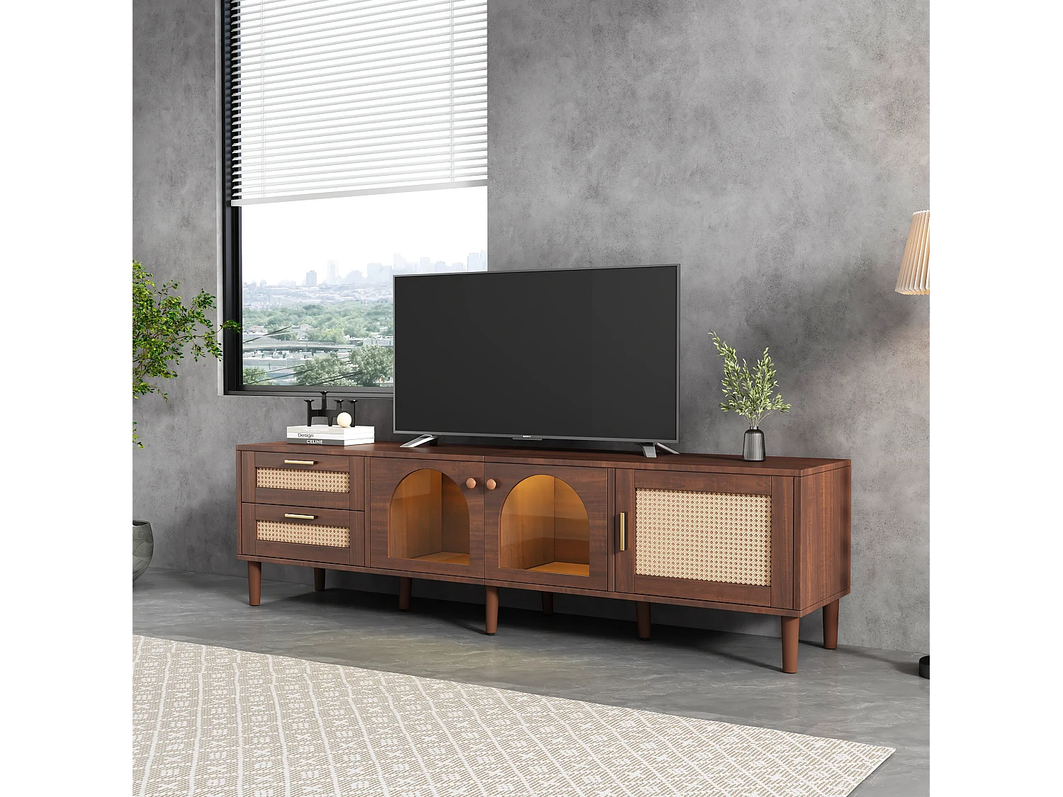 Meuble TV avec 3 portes, 2 tiroirs en rotin et LED, en placage bois marron