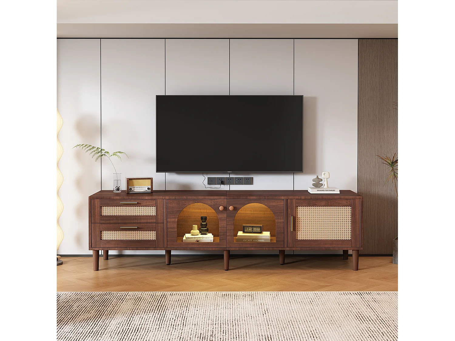 Meuble TV avec 3 portes, 2 tiroirs en rotin et LED, en placage bois marron