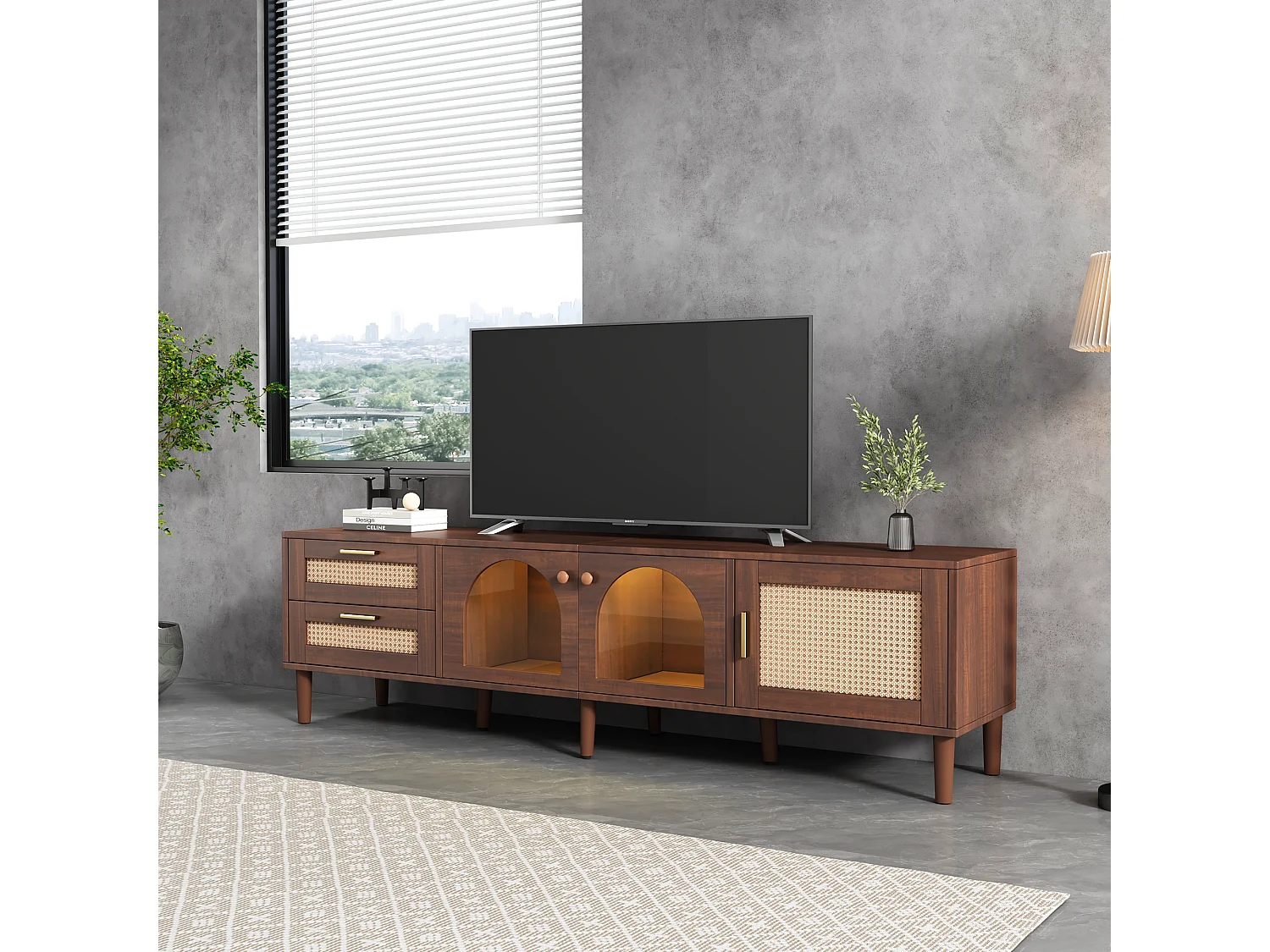 Meuble TV avec 3 portes, 2 tiroirs en rotin et LED, en placage bois marron