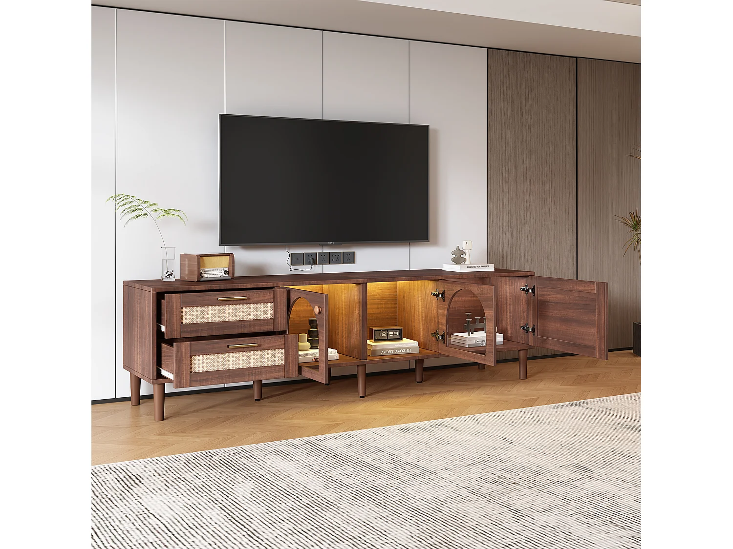 Meuble TV avec 3 portes, 2 tiroirs en rotin et LED, en placage bois marron