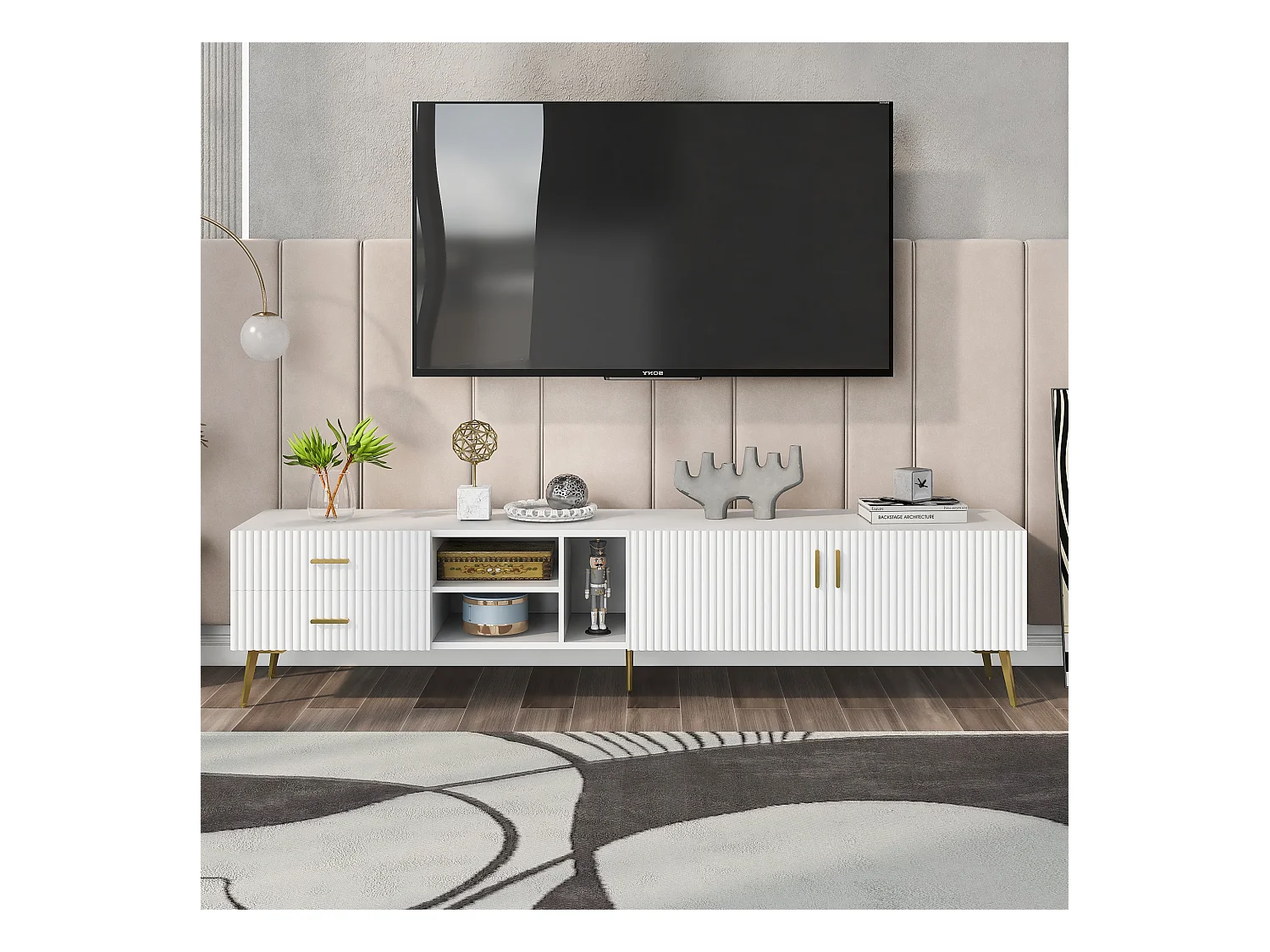 TV-meubel met 2 deuren, 2 lades en 3 nissen, witte behuizing, gouden metalen poten