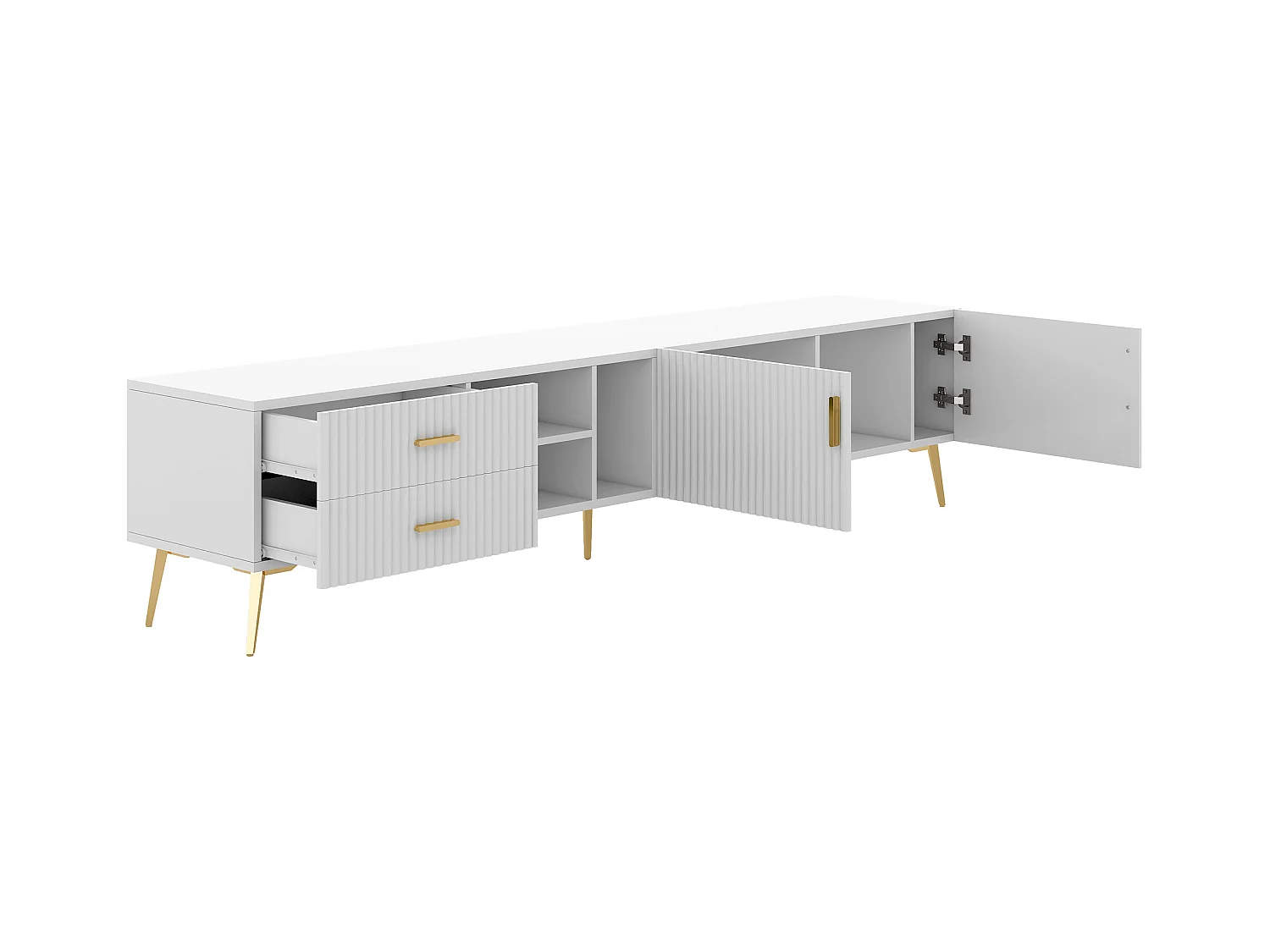 TV-meubel met 2 deuren, 2 lades en 3 nissen, witte behuizing, gouden metalen poten