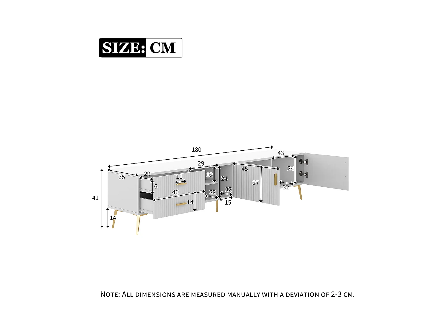 TV-meubel met 2 deuren, 2 lades en 3 nissen, witte behuizing, gouden metalen poten