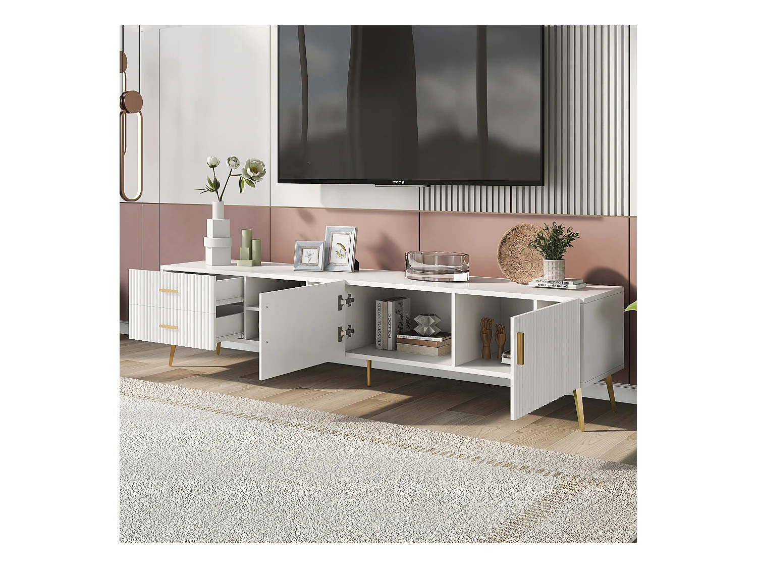 Meuble TV avec 2 portes, 2 tiroirs et 3 niches, corps blanc, pieds en métal doré