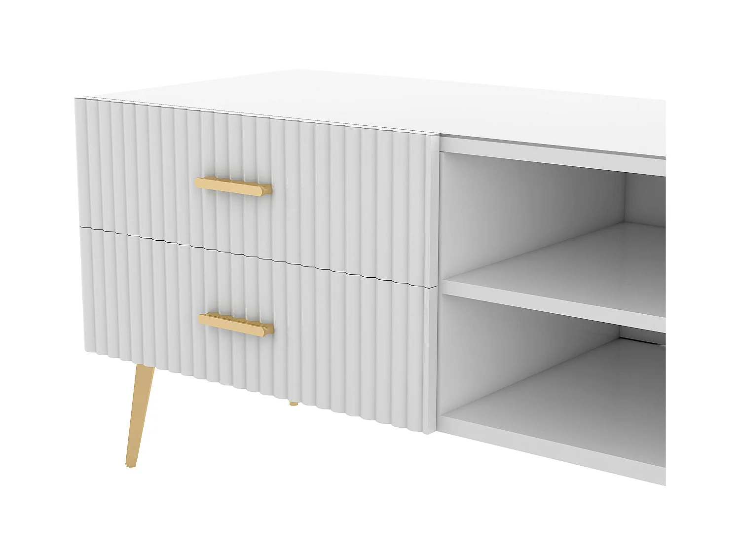 Meuble TV avec 2 portes, 2 tiroirs et 3 niches, corps blanc, pieds en métal doré