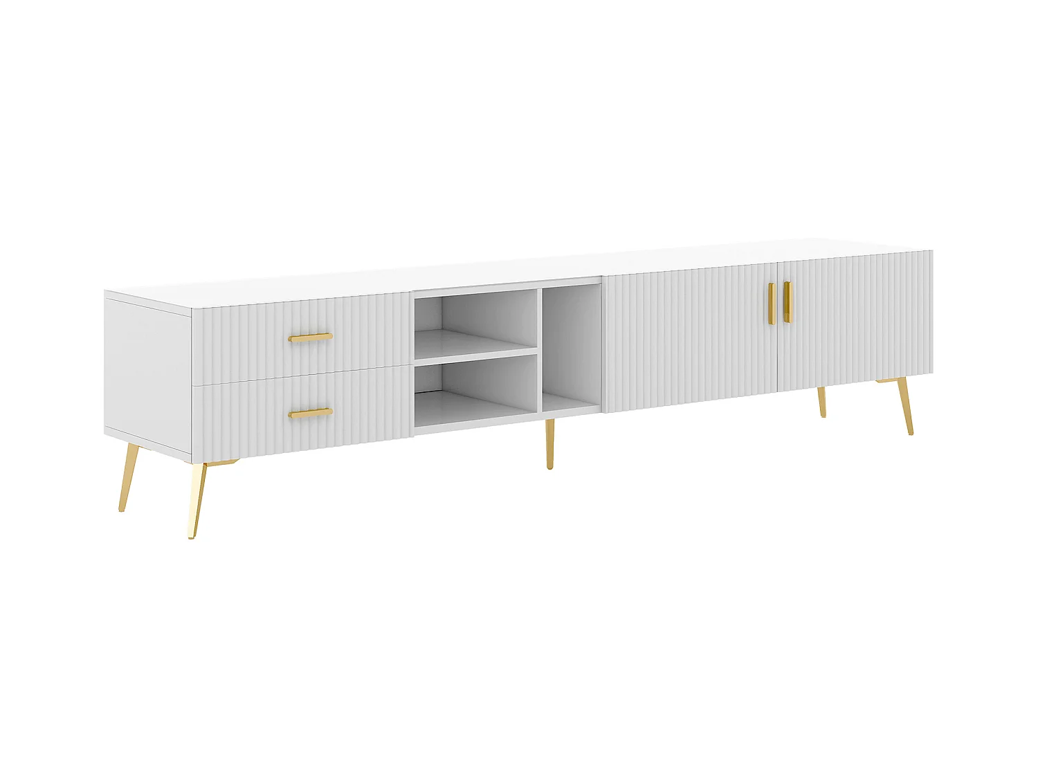 Meuble TV avec 2 portes, 2 tiroirs et 3 niches, corps blanc, pieds en métal doré
