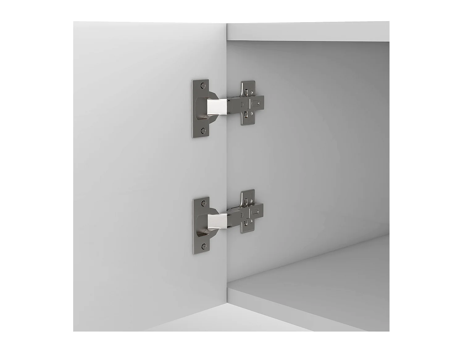 Meuble TV avec 2 portes, 2 tiroirs et 3 niches, corps blanc, pieds en métal doré