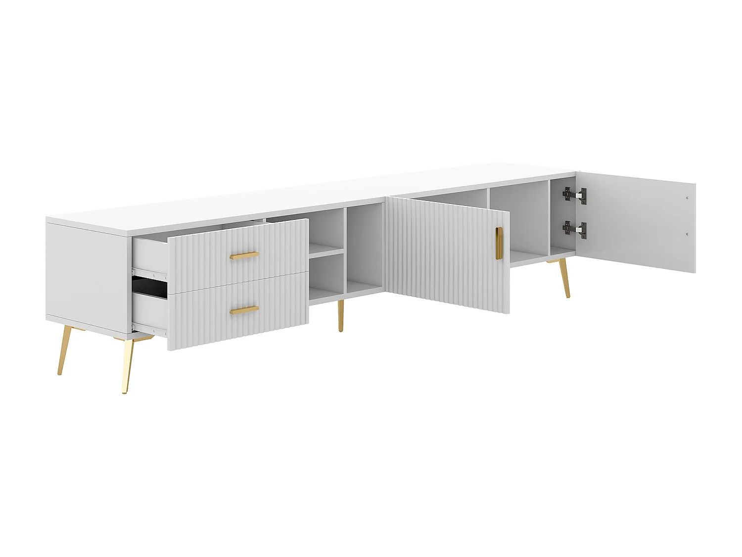 Móvel TV com 2 portas, 2 gavetas e 3 nichos, corpo branco, pés de metal dourado