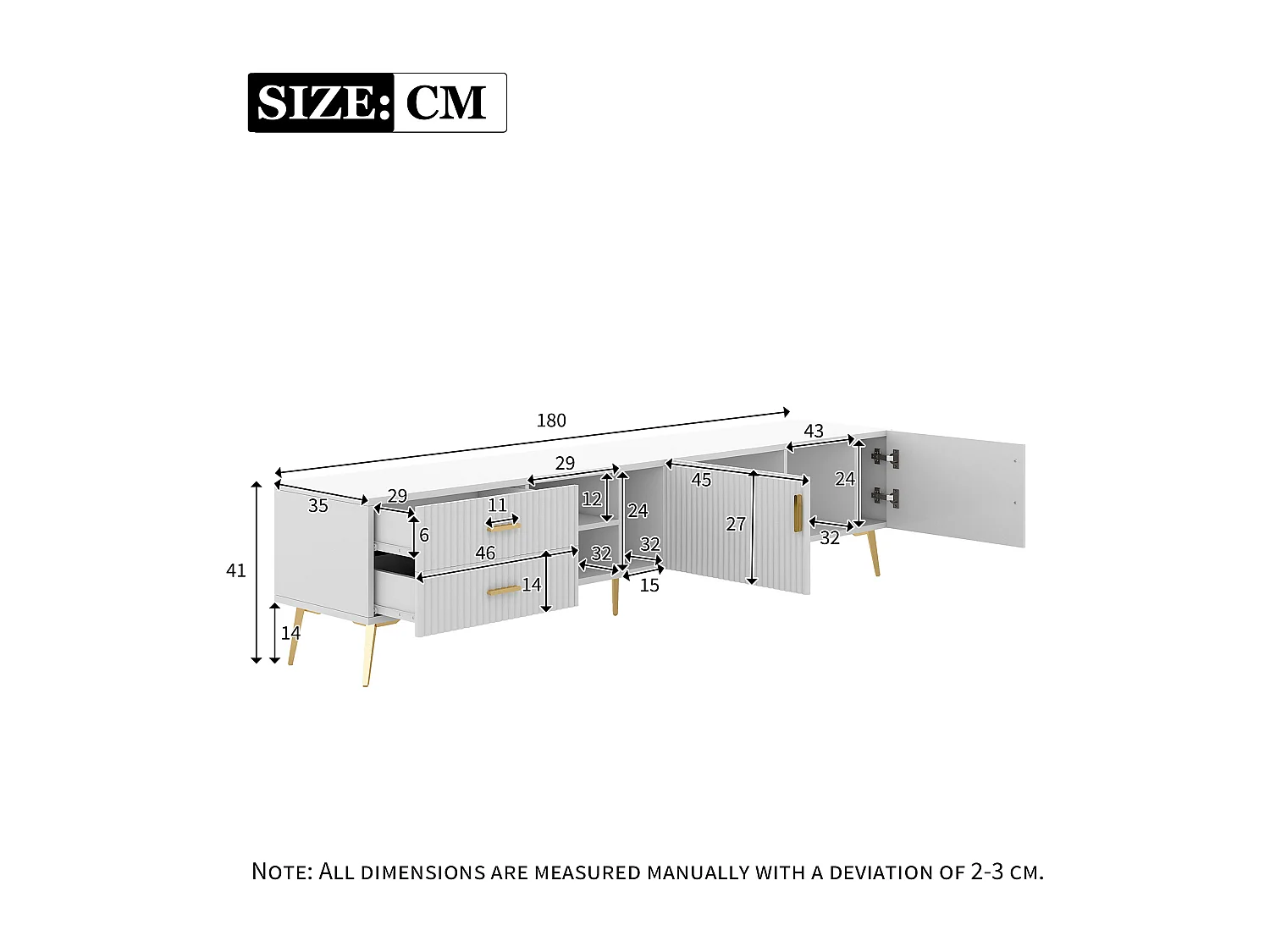 Móvel TV com 2 portas, 2 gavetas e 3 nichos, corpo branco, pés de metal dourado