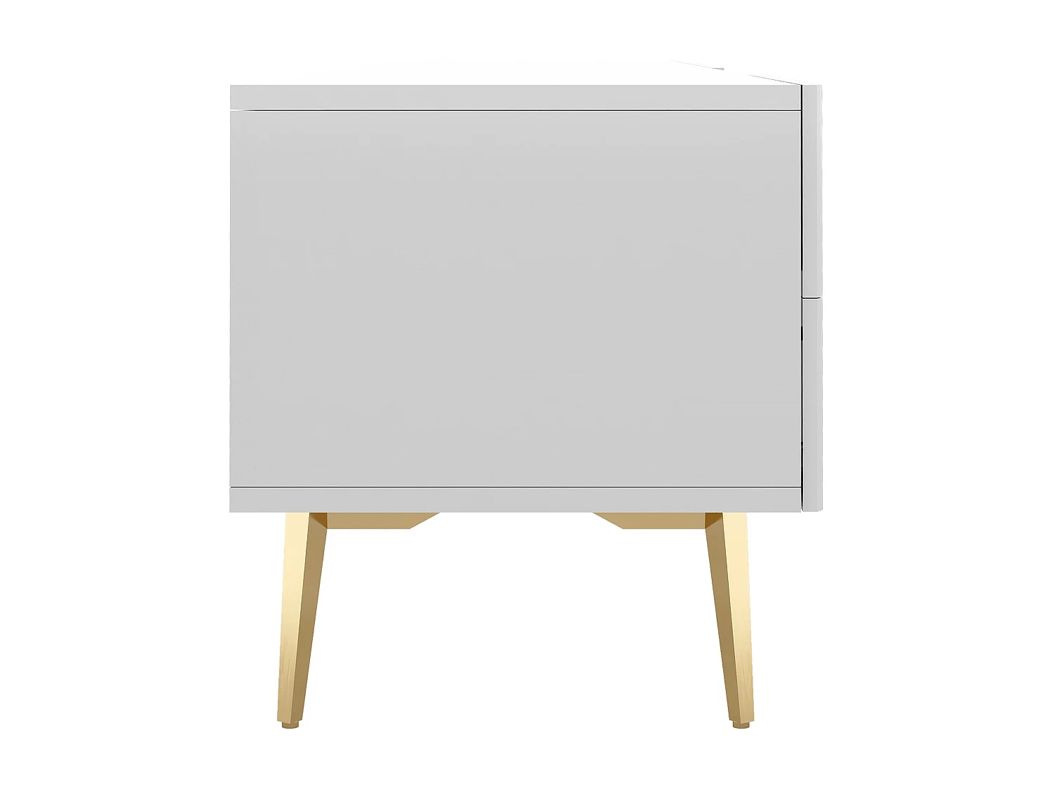 Móvel TV com 2 portas, 2 gavetas e 3 nichos, corpo branco, pés de metal dourado