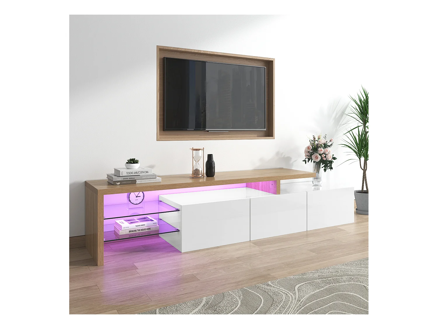 Meuble TV avec 3 portes, 2 Étagères en verre et LED, blanc et naturel clair