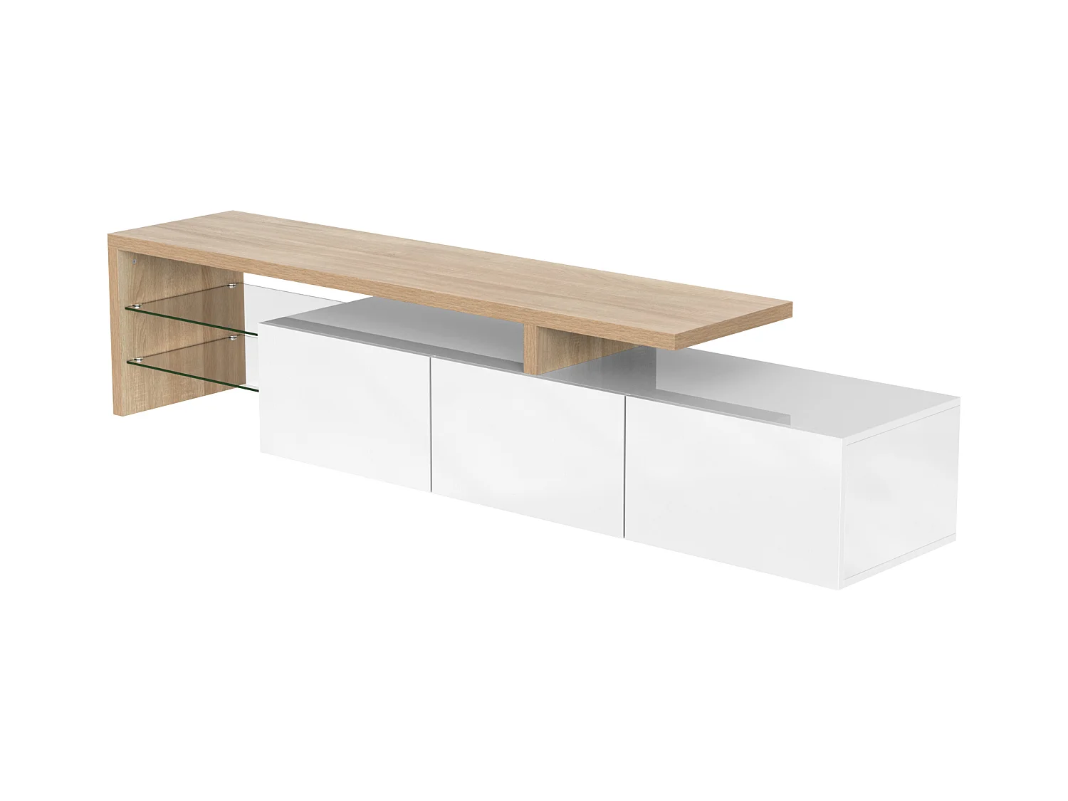 Meuble TV avec 3 portes, 2 Étagères en verre et LED, blanc et naturel clair