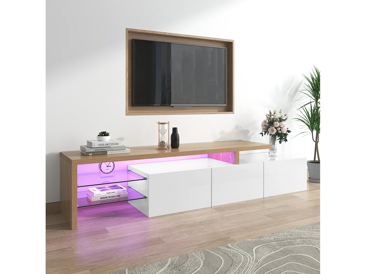 Meuble TV avec 3 portes, 2 Étagères en verre et LED, blanc et naturel clair