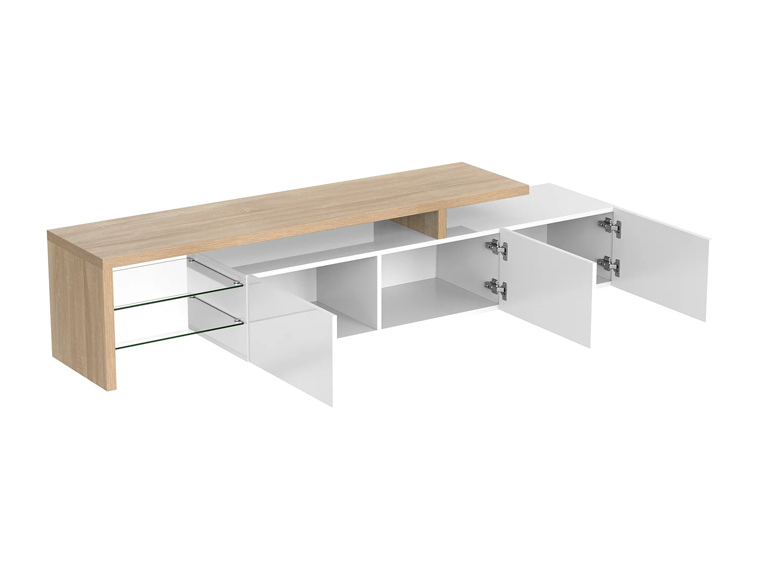 Meuble TV avec 3 portes, 2 Étagères en verre et LED, blanc et naturel clair