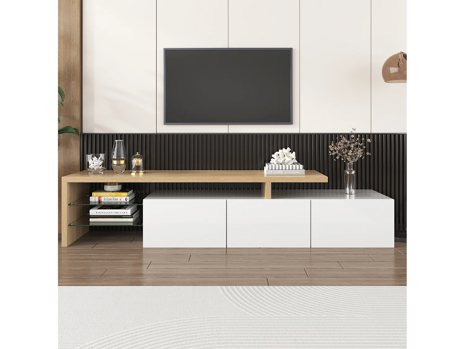 Meuble TV avec 3 portes, 2 Étagères en verre et LED, blanc et naturel clair