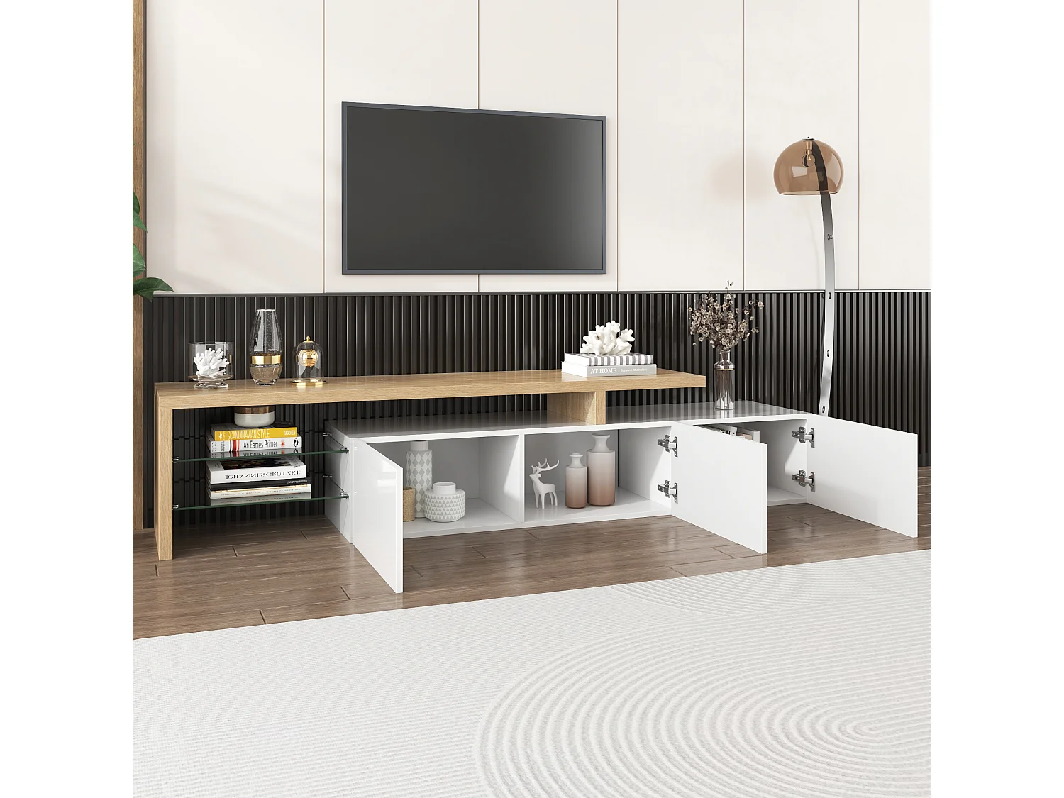 Meuble TV avec 3 portes, 2 Étagères en verre et LED, blanc et naturel clair