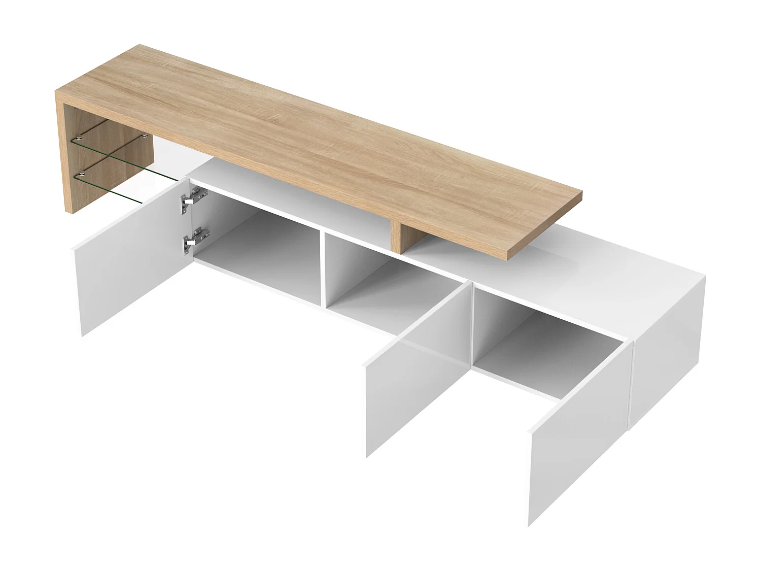 Meuble TV avec 3 portes, 2 Étagères en verre et LED, blanc et naturel clair