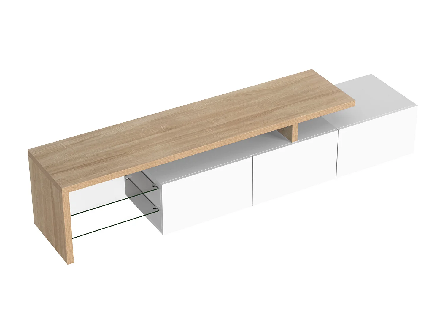 Meuble TV avec 3 portes, 2 Étagères en verre et LED, blanc et naturel clair