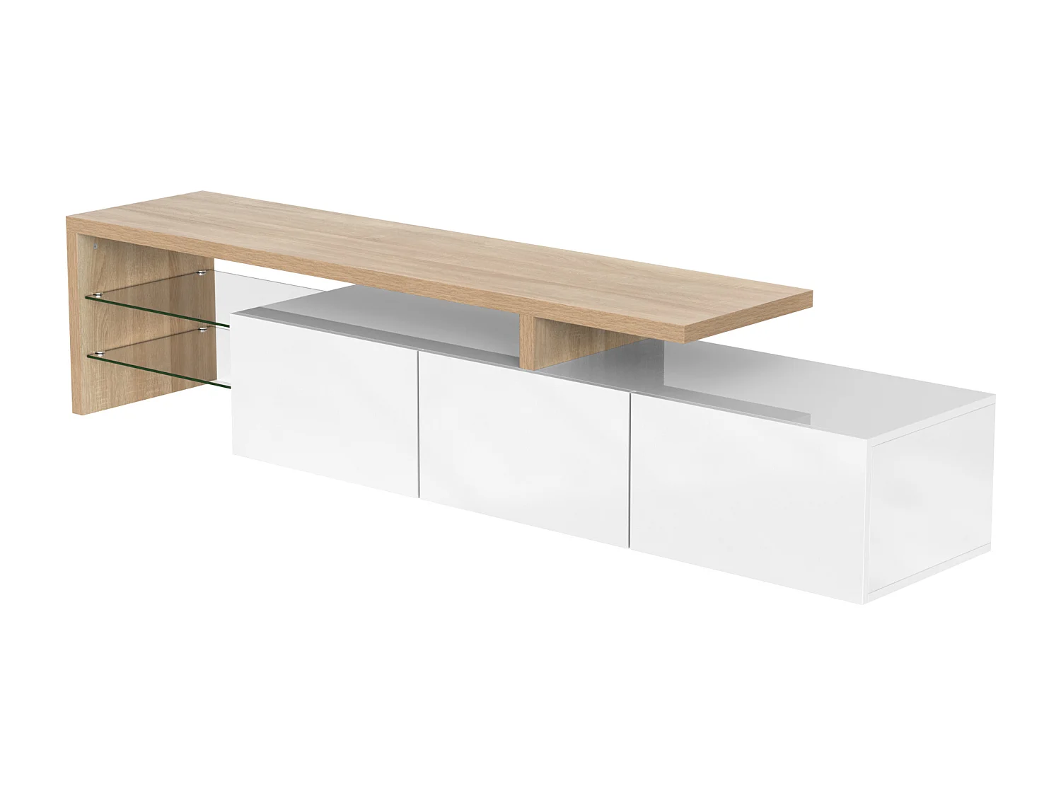 Meuble TV avec 3 portes, 2 Étagères en verre et LED, blanc et naturel clair
