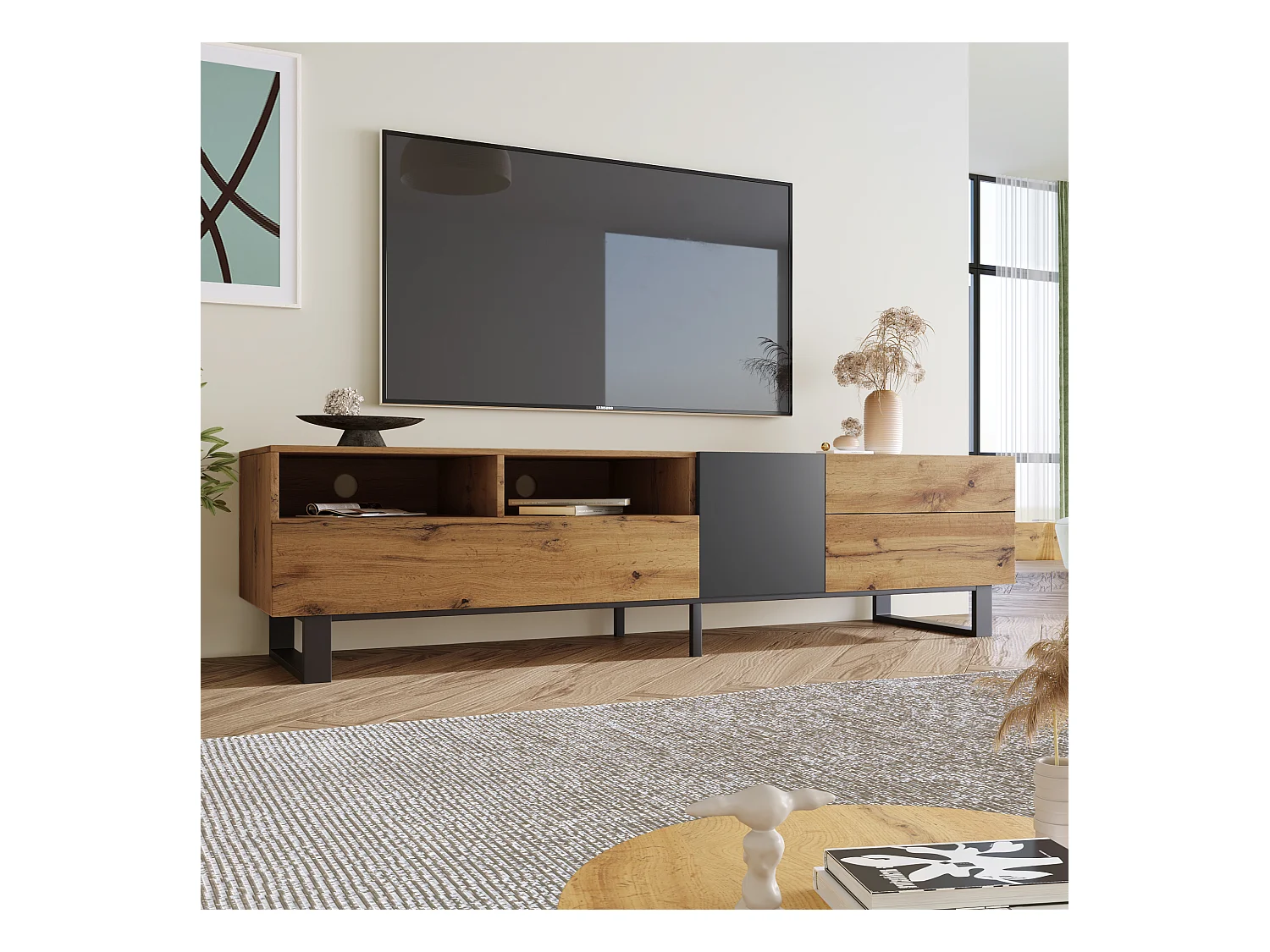 Meuble TV avec 2 portes, 2 tiroirs et 2 niches, chêne et gris, pieds en métal noir