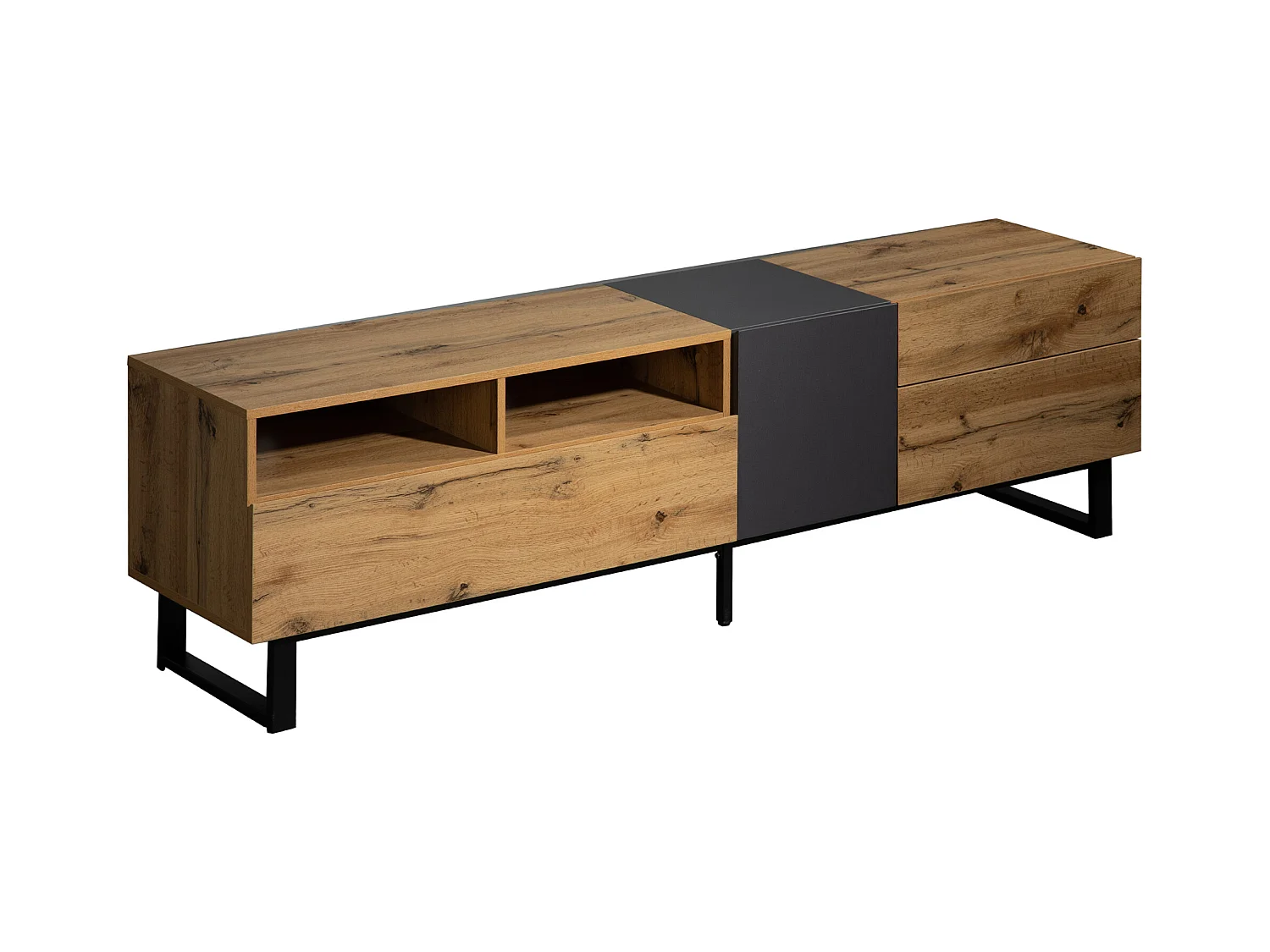 Meuble TV avec 2 portes, 2 tiroirs et 2 niches, chêne et gris, pieds en métal noir