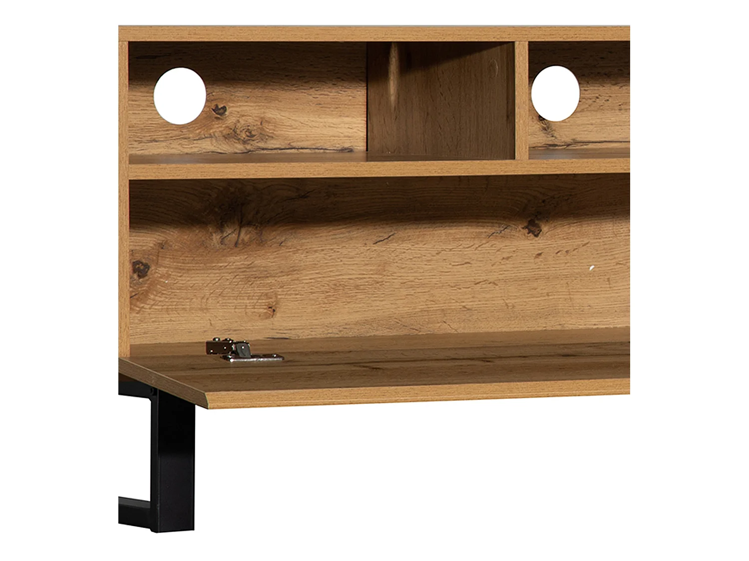 Meuble TV avec 2 portes, 2 tiroirs et 2 niches, chêne et gris, pieds en métal noir