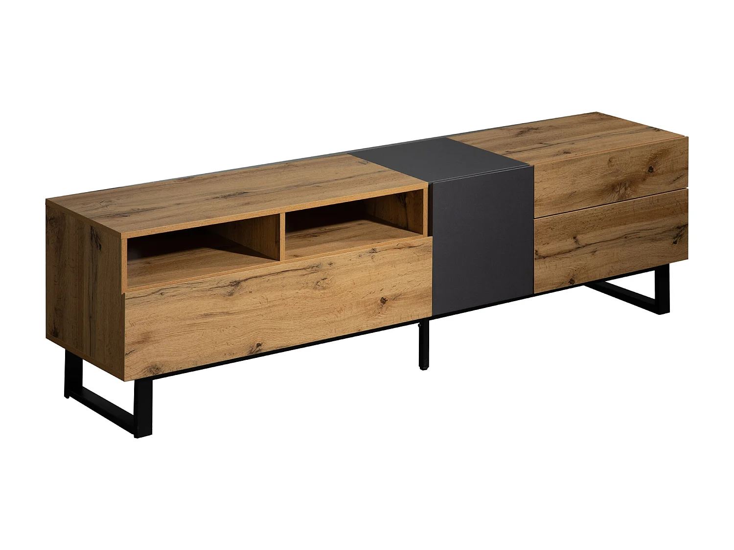 Meuble TV avec 2 portes, 2 tiroirs et 2 niches, chêne et gris, pieds en métal noir