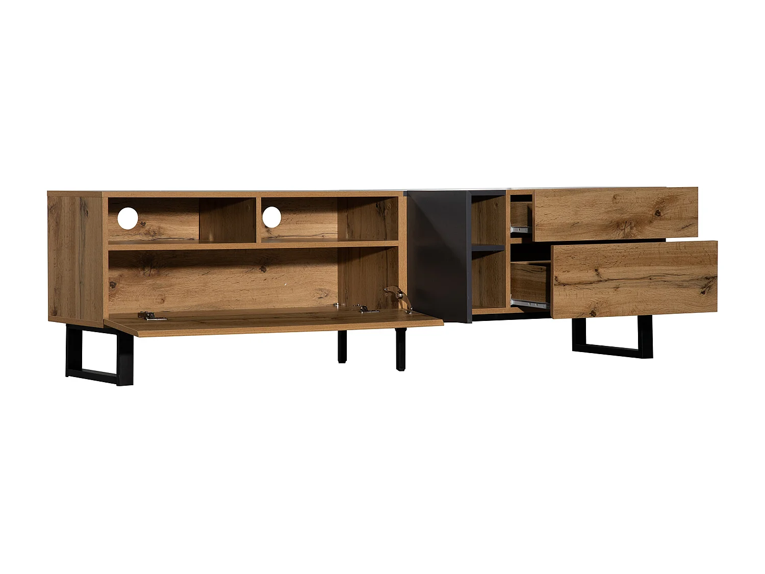 Meuble TV avec 2 portes, 2 tiroirs et 2 niches, chêne et gris, pieds en métal noir