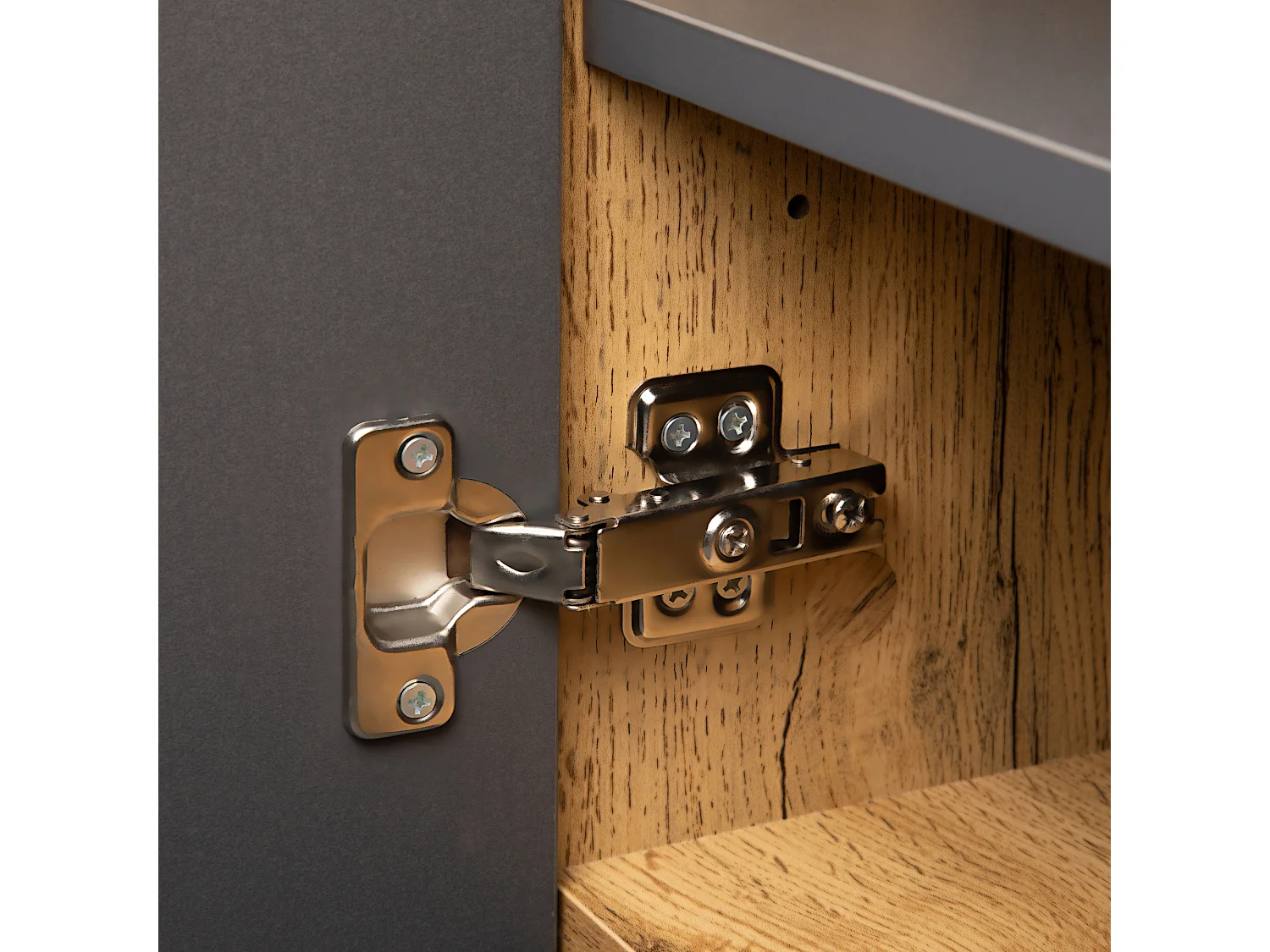 Meuble TV avec 2 portes, 2 tiroirs et 2 niches, chêne et gris, pieds en métal noir