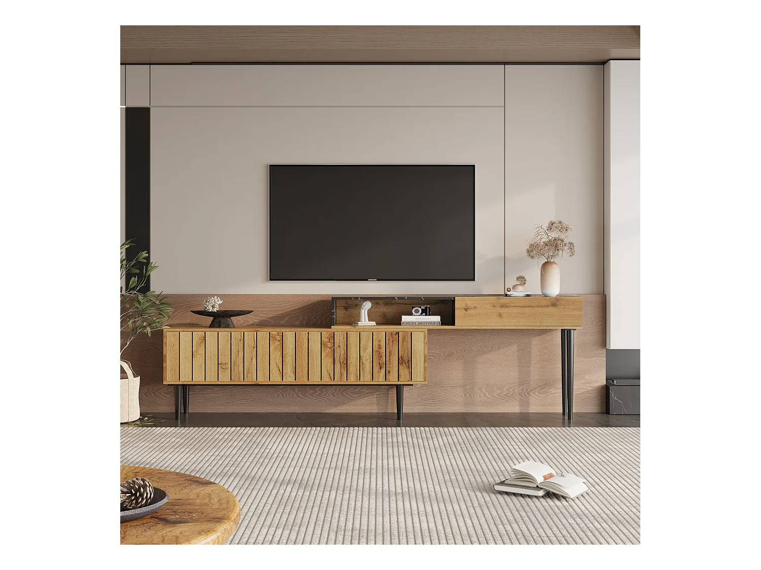 Meuble TV avec 2 portes et 1 niche, placage marbre noir et placage woodgrain