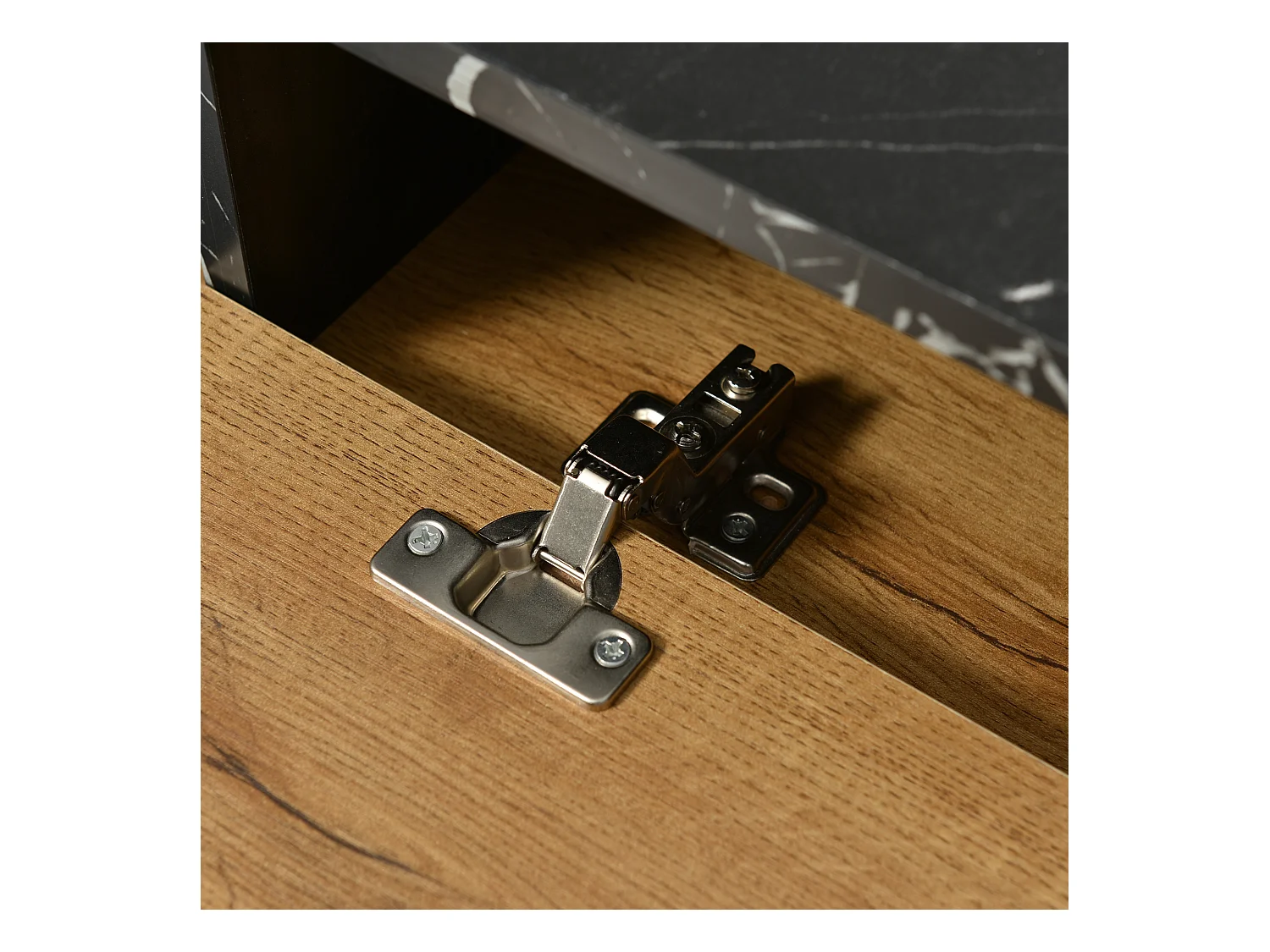 Meuble TV avec 2 portes et 1 niche, placage marbre noir et placage woodgrain