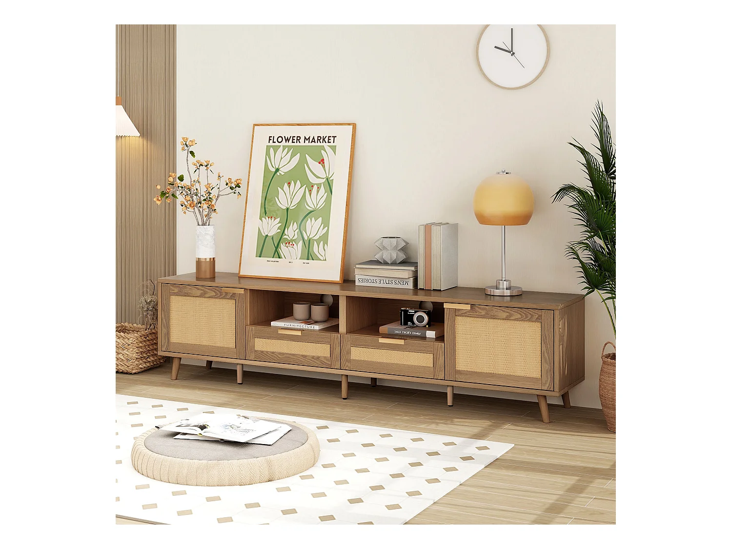 Meuble TV avec 2 tiroirs, 2 portes en rotin et 2 niches, en placage chêne clair