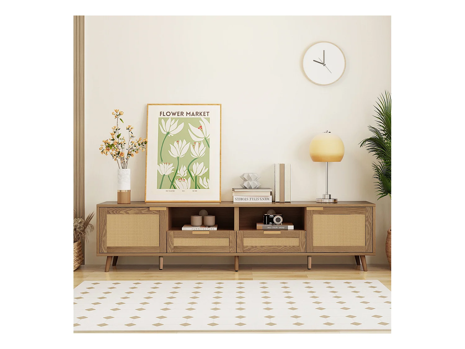 Meuble TV avec 2 tiroirs, 2 portes en rotin et 2 niches, en placage chêne clair