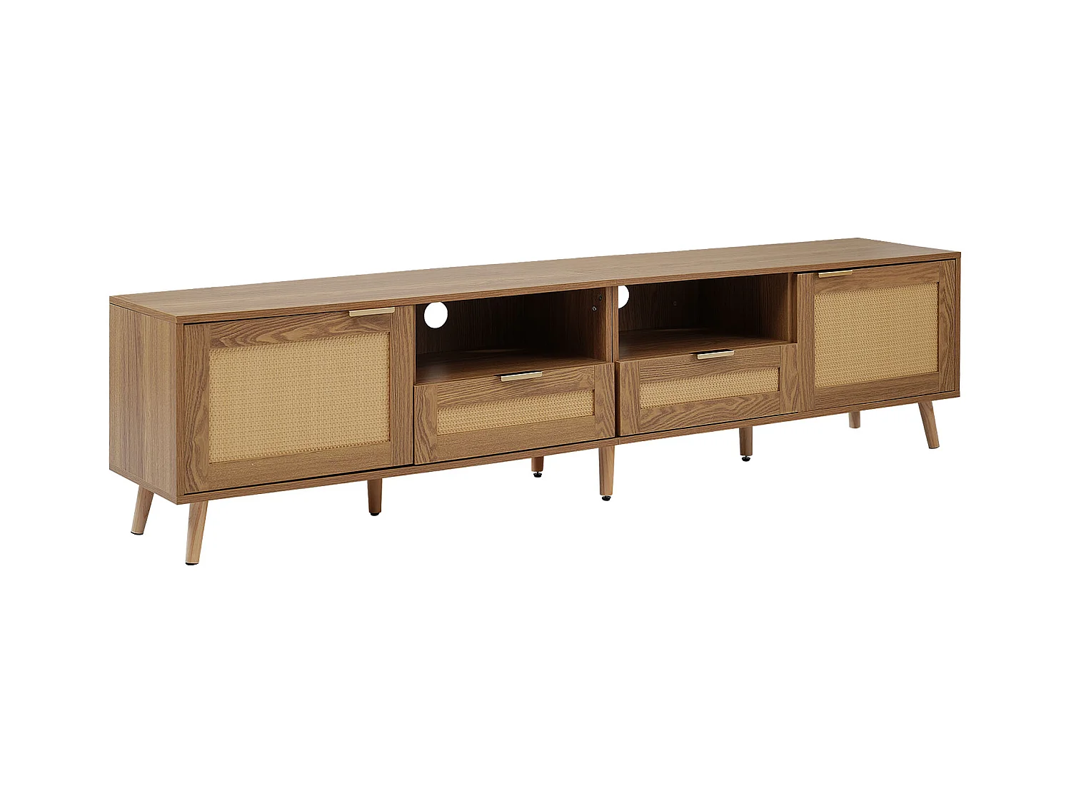 Meuble TV avec 2 tiroirs, 2 portes en rotin et 2 niches, en placage chêne clair