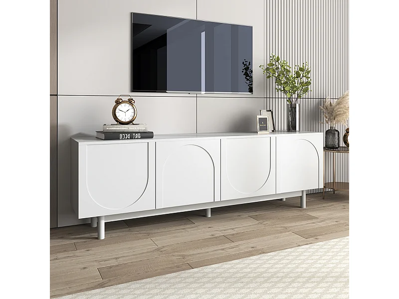 Meuble TV avec 4 portes sans poignées, blanc