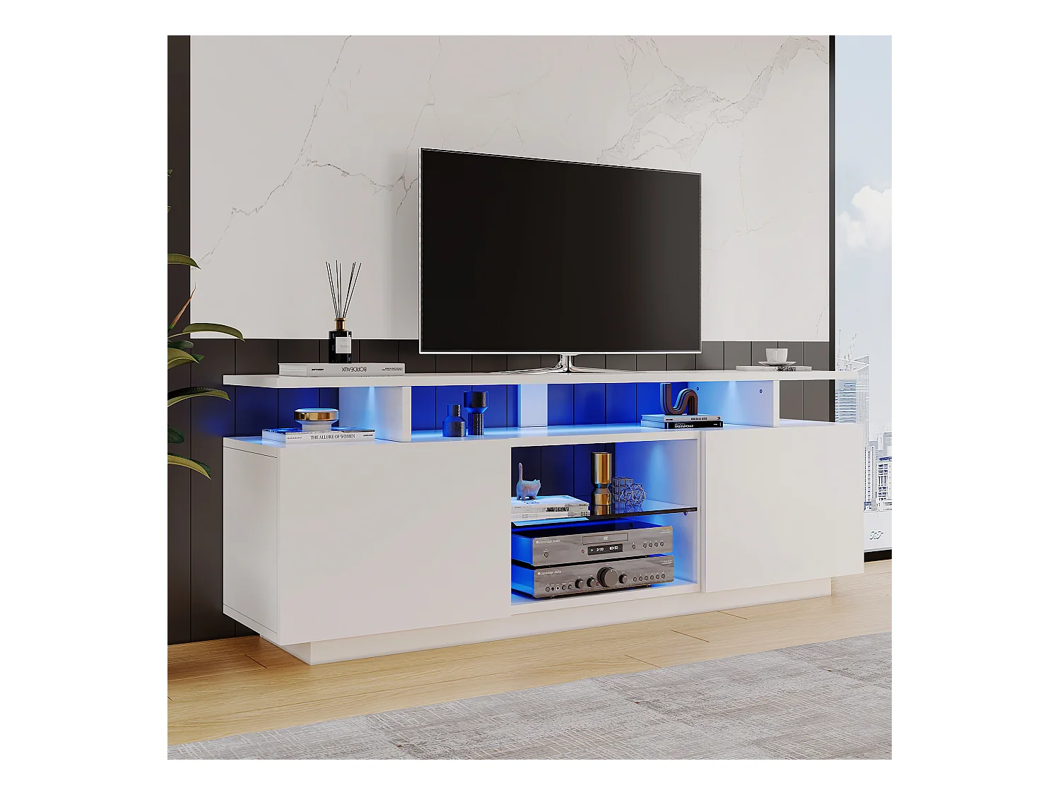 TV-meubel met 2 deuren, 3 nissen en LED, wit gelakt