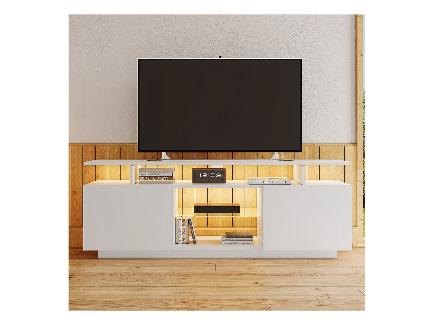 Meuble TV avec 2 portes, 3 niches et LED, blanc laqué